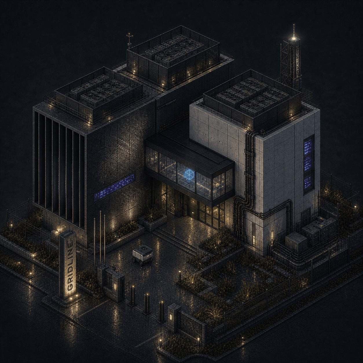 Isometric pixel-art headquarters of Gridline