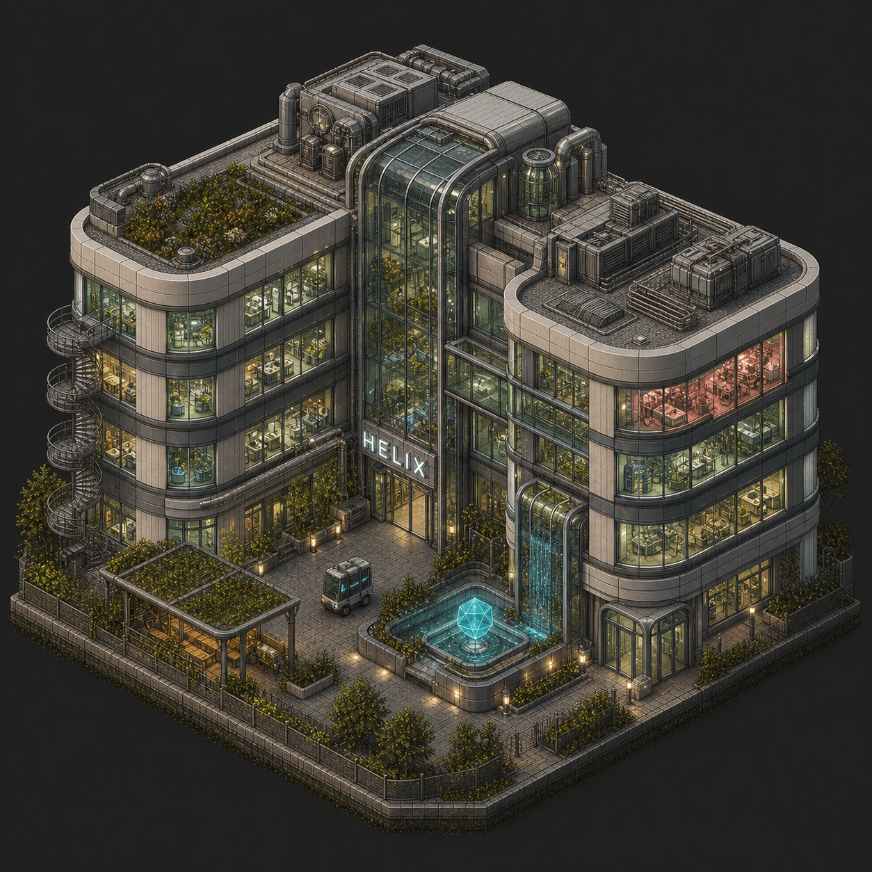 Isometric pixel-art headquarters of Helix